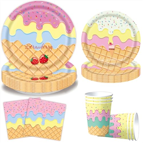JUNBAOYYDS Eiscreme Partyteller, Eiscreme party, Eiscreme geburtstag, Eiscreme Party Tischdekoration,Geburtstagsparty Geschirr Set für 10 Gäste von JUNBAOYYDS