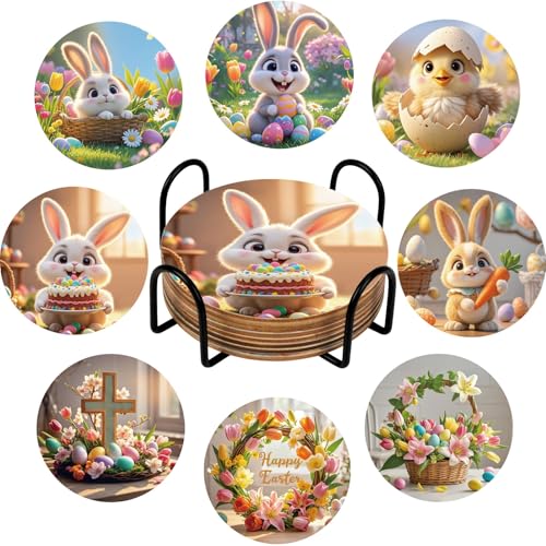 JUNEBRUSHS 8 Stück Diamond Art Painting Untersetzer mit Halter，Diamond Art Painting Ostern Getränke Untersetzer Osterbasteleien für Kinder und Erwachsene von JUNEBRUSHS