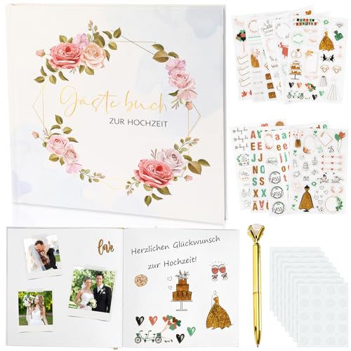 JUNEBRUSHS Gästebuch Hochzeit, 120 Seiten Rose Gastgeschenke Hochzeit Vintage Fotobuch Hochzeit mit Sticker Metallstift Transparenter Fotopunkte, Dick Weiß Leeres Beschreibbar Hochzeit Gästebuch von JUNEBRUSHS