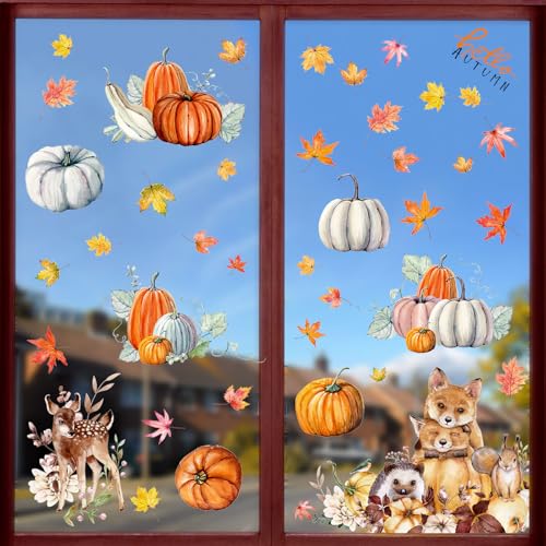 JUNEBRUSHS Herbst Fenster Aufkleber Klammern, 9 Blätter Herbst Fensterbilder Herbst Dekoration Fenster Thanksgiving Ernte Fensterbilder für Haus Party Fenster Herbst Deko von JUNEBRUSHS