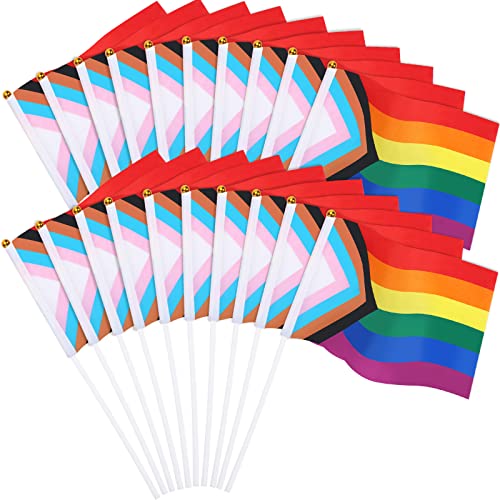 JUNEBRUSHS Progress Pride Flagge, 20 Stück 14 × 21 cm Mini Handheld Miniatur LGBTQ Regenbogen Trans Flagge Tasche Gay Lesben Flaggen Pride Day Party Dekorationen (Progress Pride Flagge) von JUNEBRUSHS
