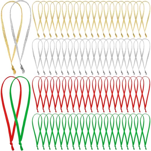 JUNEBRUSHS Weihnachtsbaum Aufhänger, 300 Stück Handgebundene Weihnachtsornament-Schnüre Ornament-Bandschlaufen Dünnes Band für Ornamente Weihnachtsbaum Haken (Gold Silber Rot Grün) von JUNEBRUSHS