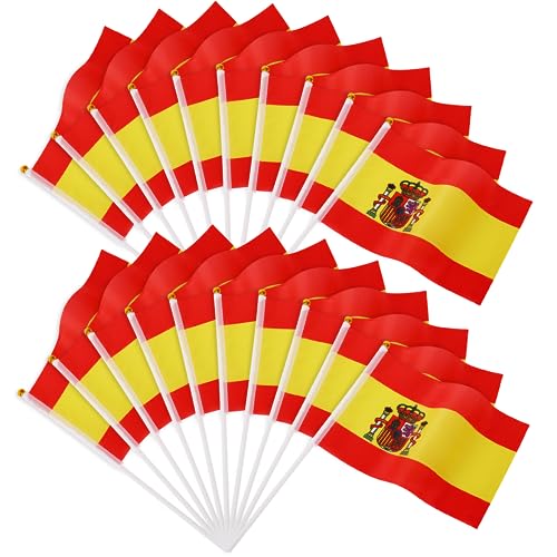 JUNEBRUSHS Spanien Flagge, 20 Stück Spanisch Flagge 14 x 21 cm Spanische Deko Kleine Handflaggen 2024 Tischflaggen Dekorationen von JUNEBRUSHS