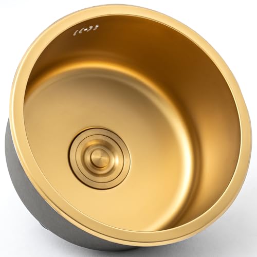 JUNFUNNLE 40CM Goldene Rund Edelstahl Küchenspüle 1 Becken, Unterbau/Aufliegend mit Überlauf & Siphon Einbauspüle für RV, Wohnmobil, Kleinküche, Ablaufgarnitur Inkl von JUNFUNNLE