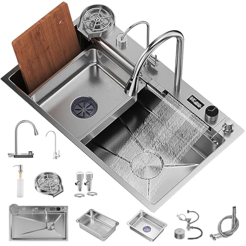 JUNFUNNLE 68×45cm Küchenspüle Edelstahl Rechteck Silber, Wasserfall Spüle mit Ausziehbarem Wasserhahn, Große Einzelbecken Küche Arbeitsstation, Barspüle JUNFUNNLE 68×45cm Küchenspüle Edelstahl Rechteck Silber, Wasserfall Spüle mit Ausziehbarem Wasserhahn, Große Einzelbecken Küche Arbeitsstation, Barspüle von JUNFUNNLE