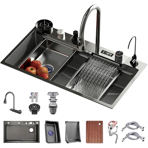 JUNFUNNLE 80×45cm Küchenspüle Edelstahl Rechteck Schwarz, Wasserfall Spüle mit Ausziehbarem Wasserhahn, Große Einzelbecken Küche Arbeitsstation, Barspüle, Komplettes Zubehör JUNFUNNLE 80×45cm Küchenspüle Edelstahl Rechteck Schwarz, Wasserfall Spüle mit Ausziehbarem Wasserhahn, Große Einzelbecken Küche Arbeitsstation, Barspüle, Komplettes Zubehör von JUNFUNNLE