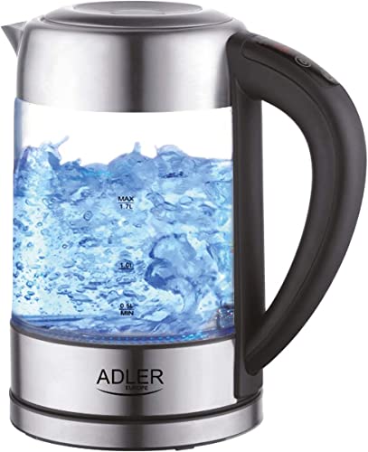 JUNG ADLER AD1247 Wasserkocher mit Temperatureinstellung (60-100°C) Digital, 2200W, Glas mit Edelstahl, 1,7 Liter, LED Innenbeleuchtung mit Farbwechsel, 360° Basis, BPA- Frei von JUNG