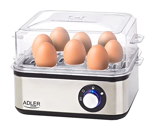 JUNG ADLER AD4486 Edelstahl Eierkocher bis 8 Eier, 800W, BPA-Frei, frei wählbarer Härtegrad - inkl. Eierstecher, Messbecher, Spiegelei-Pfännchen, Egg Cooker von JUNG