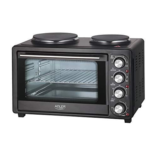 JUNG ADLER AD6020 Minibackofen 36L mit 2 Kochplatte elektrisch, Mini Backofen mit Herdplatte, 4600W, mit Umluft, Timer 60 Min., 5 Heizmodi, inkl. Grillrost, Drehspieß, Backblech von JUNG