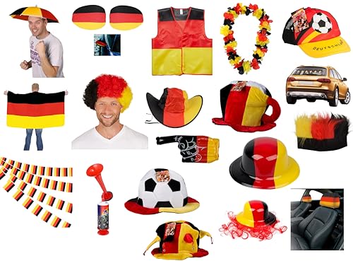 JUNG Deutschland Fanpaket 33tlg, GESAMTWERT 180€, Fanartikel Frauen & Männer, Fanfare, Fahnen, Hüte, Autodeko, Fan-Box UEFA Fussball EM 2024, Europameisterschaft, Schwarz Rot Gold, Damen Herren von JUNG