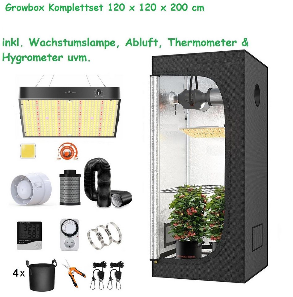 JUNG Gewächshaus Growbox Komplettset Anzuchtset, Zuchtzelt LED Growlampe Anbau Pflanzen, BxTxH: 120 x 120 x 200,00 cm, BxLxH: 120,00 x 200,00 x 200 cm, Growbox, Gewächshaus Komplett Set mit Abluft Cannabis Set Box Pflanze 1-St., Growzelt, Grow Box Zelt, Pflanzenlampe Pflanzen Anbau Zelt, Anzuchtset, mit Belüftung Gewächszelt Starterpaket sofort einsatzbereit Anzucht von JUNG