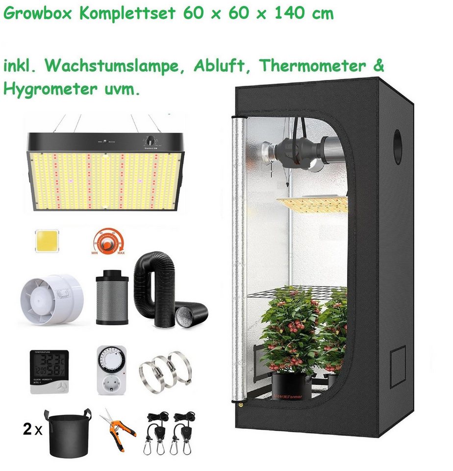 JUNG Gewächshaus Growbox Komplettset Anzuchtset + Zuchtzelt LED Lampe Anbau Pflanzen, BxTxH: 60 x 60 x 140,00 cm, Growbox, Gewächshaus Komplett Set mit Abluft Cannabis Set Box Pflanze, Growzelt, Grow Box Zelt, Pflanzenlampe Pflanzen Anbau Zelt, Anzuchtset, mit Belüftung Gewächszelt Starterpaket sofort einsatzbereit Anzucht von JUNG