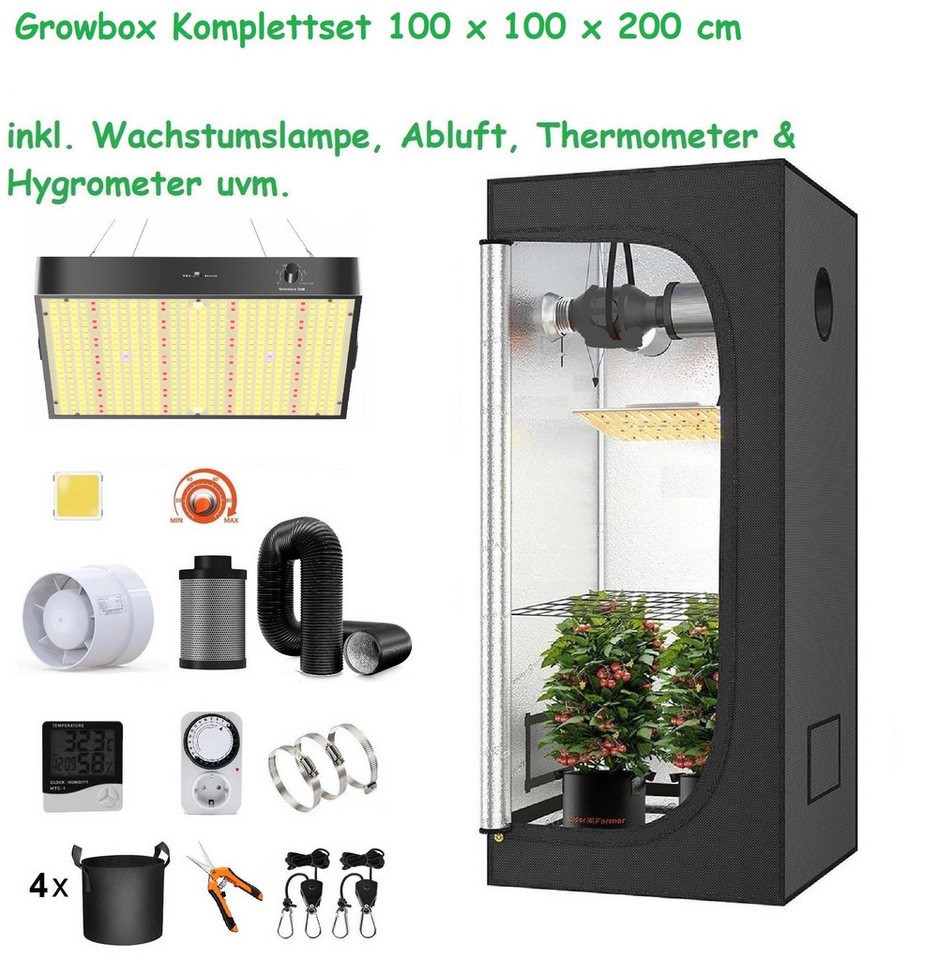 JUNG Gewächshaus Growbox Komplettset Anzuchtset mit Zuchtzelt 200W Lampe Anbau Pflanzen, BxTxH: 100 x 100 x 200,00 cm, BxLxH: 100,00 x 100,00 x 200 cm, Growbox, Gewächshaus Komplett Set mit Abluft Cannabis Set Box Pflanze 1-St., Growzelt, Grow Box Zelt, Pflanzenlampe Pflanzen Anbau Zelt, Anzuchtset, mit Belüftung Gewächszelt Starterpaket sofort einsatzbereit Anzucht von JUNG