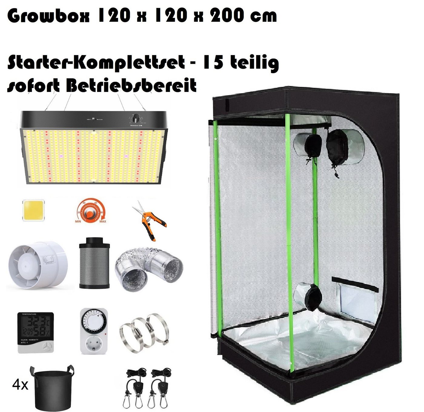 JUNG Gewächshaus Growbox Komplettset Anzuchtset mit Zuchtzelt LED Lampe, Anbau Pflanzen, BxTxH: 120 x 120 x 200,00 cm, BxLxH: 120,00 x 120,00 x 200 cm, Growbox, Gewächshaus Komplett Set mit Abluft Cannabis Set Box Pflanze, Growzelt, Grow Box Zelt, Pflanzenlampe Pflanzen Anbau Zelt, Anzuchtset, mit Belüftung Gewächszelt Starterpaket sofort einsatzbereit Anzucht von JUNG