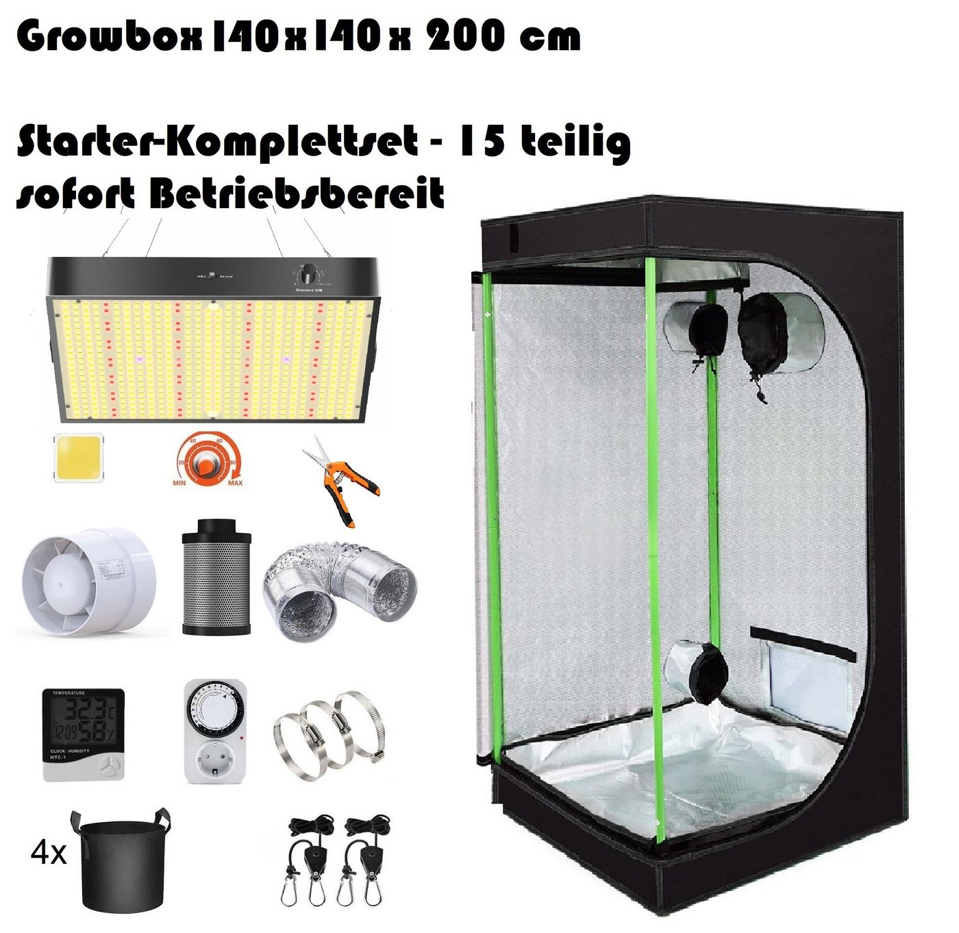 JUNG Gewächshaus Growbox Komplettset Anzuchtset mit Zuchtzelt LED Lampe, Anbau Pflanzen, BxTxH: 140 x 140 x 200,00 cm, Growbox, Gewächshaus Komplett Set mit Abluft Cannabis Set Box Pflanze, Growzelt, Grow Box Zelt, Pflanzenlampe Pflanzen Anbau Zelt, Anzuchtset, mit Belüftung Gewächszelt Starterpaket sofort einsatzbereit Anzucht von JUNG