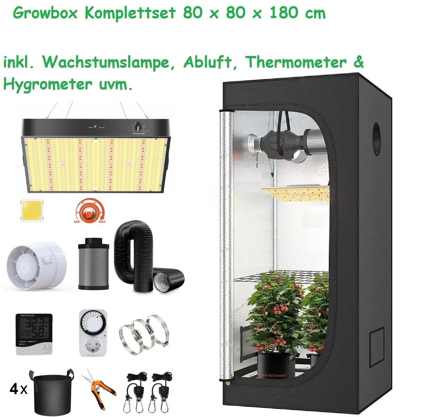 JUNG Gewächshaus Growbox Komplettset Anzuchtset mit Zuchtzelt LED-Lampe, Anbau Pflanzen, BxTxH: 80 x 80 x 180,00 cm, BxLxH: 80,00 x 80,00 x 180 cm, Growbox, Gewächshaus Komplett Set mit Abluft Cannabis Set Box Pflanze, Growzelt, Grow Box Zelt, Pflanzenlampe Pflanzen Anbau Zelt, Anzuchtset, mit Belüftung Gewächszelt Starterpaket sofort einsatzbereit Anzucht von JUNG