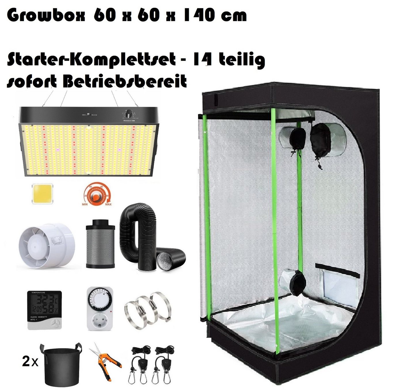 JUNG Gewächshaus Growbox Komplettset Anzuchtset mit Zuchtzelt LED Lampe, Anbau Pflanzen, BxTxH: 60 x 60 x 140,00 cm, BxLxH: 60,00 x 60,00 x 140 cm, Growbox, Gewächshaus Komplett Set mit Abluft Cannabis Set Box Pflanze, Growzelt, Grow Box Zelt, Pflanzenlampe Pflanzen Anbau Zelt, Anzuchtset, mit Belüftung Gewächszelt Starterpaket sofort einsatzbereit Anzucht von JUNG