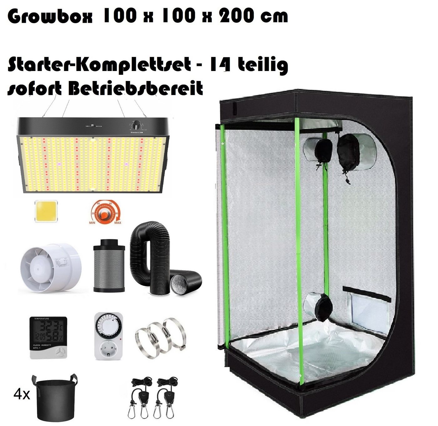 JUNG Gewächshaus Growbox Komplettset Anzuchtset mit Zuchtzelt LED Lampe, Anbau Pflanzen, BxTxH: 100 x 100 x 200,00 cm, BxLxH: 100,00 x 100,00 x 200 cm, Growbox, Gewächshaus Komplett Set mit Abluft Cannabis Set Box Pflanze, Growzelt, Grow Box Zelt, Pflanzenlampe Pflanzen Anbau Zelt, Anzuchtset, mit Belüftung Gewächszelt Starterpaket sofort einsatzbereit Anzucht von JUNG