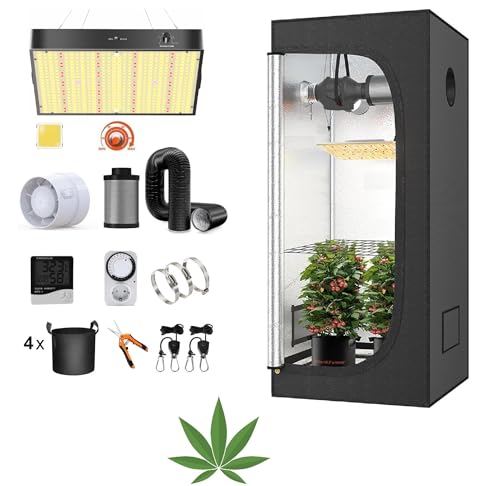 JUNG Growbox Komplettset Anbau Set mit LED Vollspektrum Grow Lampe Dimmbar, 100x100x200 cm, mit Ventilator, Abluft Aktivkohlefilter, Growzelt Anzucht Gewächshaus, Grow Tent Complete Set von JUNG