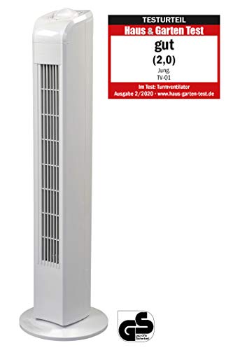JUNG TV24 Ventilator leise 78cm, 50W, Turmventilator weiß, ENERGIESPAREND, 75° Oszillation, Lüfter Standventilator für Schlafzimmer, Lautstärke max 48dbA, 3 Stufen von JUNG