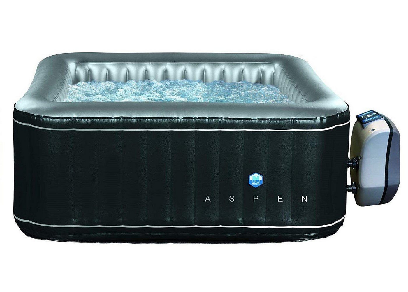 JUNG Whirlpool ASPEN aufblasbarer Whirlpool Outdoor Set, beheizt, 4 Pers., 168x168 cm, (Sprudelbad, Pool, Aufblasbar, Badewanne, Bubble Spa, Terrasse, 10-tlg., mit 2 Filterkartuschen, 4 Personen, Außenbereich, Garten, Sommer), Winterfest Komplett Set, Spa Pool, Selbstaufblasend, Bubble Wellness von JUNG