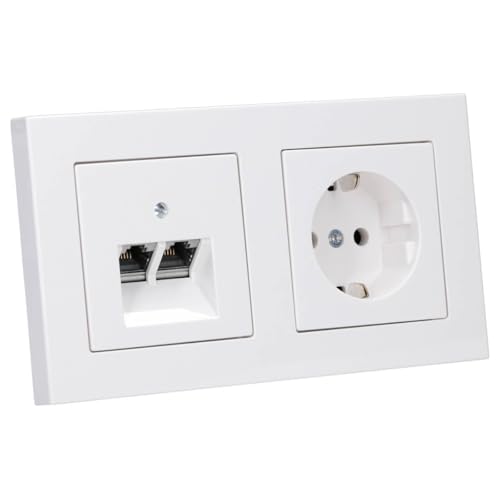 Jung Serie A Komplett-Set Alpinweiß: A5582BFWW 2fach Rahmen + A1520WW SCHUKO® Steckdose + A569-2BFPLUAWW Abdeckung f. IAE/UAE-Anschlussdose + Cat.6A iso-Anschlussdose UAE-Cat.6A iso-8/8 Up 0 von JUNG