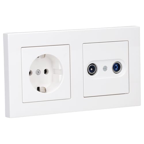 Jung Serie A Komplett-Set Alpinweiß: A5582BFWW 2fach Rahmen + A561PLTVWW Abdeckung f. Antennen-Steckdose + Durchgangsdose GUT 123 + A1520WW SCHUKO® Steckdose von JUNG