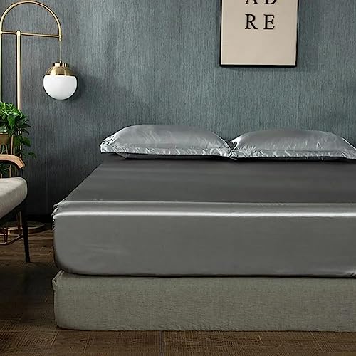 JUNGEN Satin Spannbettlaken Seide Glanzsatin Glatt Bequem Microfaser Spannbetttuch Bettlaken für Boxspringbett Topper Matratze bis 25 cm (Silber,180X200cm) von JUNGEN