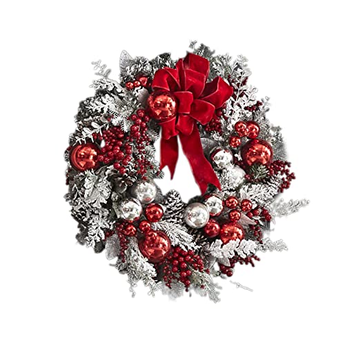 JUNGEN Weihnachtskranz für Tür Weihnachten Kranz Künstlich mit Rote Bowknot Kugel und Schnee Dekokranz Hängende für Wand Fenster Haustür Kamin Party Ornament, 45cm von JUNGEN