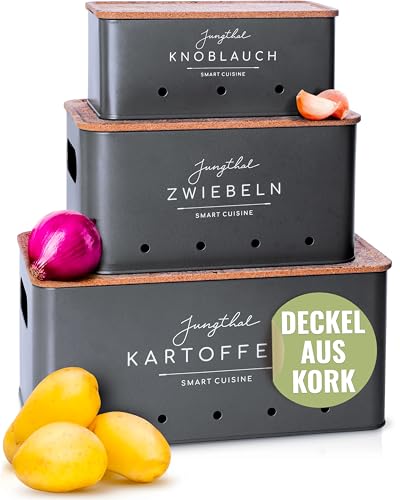 JUNGTHAL Kartoffel Aufbewahrungsbox | 3er Set | Aufbewahrung für Kartoffeln, Zwiebeln & Knoblauch | Zwiebeltopf, Kartoffelbox, Kartoffelkiste | Anthrazit von JUNGTHAL