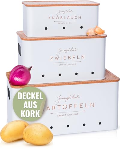JUNGTHAL Kartoffel Aufbewahrungsbox | 3er Set | Aufbewahrung für Kartoffeln, Zwiebeln & Knoblauch | Zwiebeltopf, Kartoffelbox, Kartoffelkiste | Weiss von JUNGTHAL