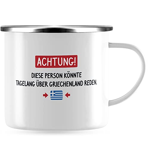 JUNIWORDS Emaille-Tasse, Achtung! Diese Person könnte tagelang über Griechenland reden, Silberner Tassenrand (1006154) von JUNIWORDS