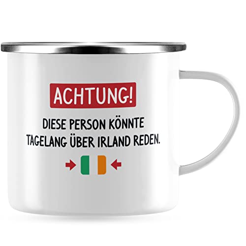 JUNIWORDS Emaille-Tasse, Achtung! Diese Person könnte tagelang über Irland reden, Silberner Tassenrand (1006156) von JUNIWORDS