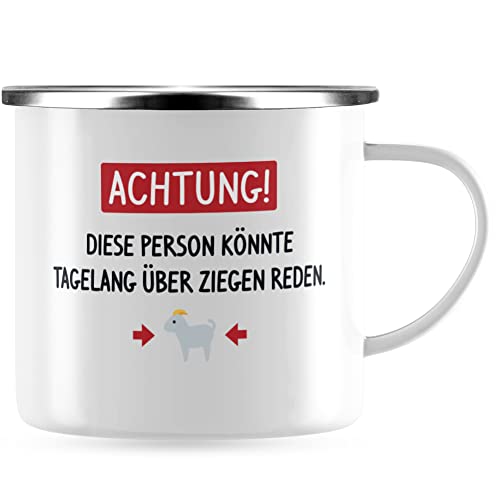 JUNIWORDS Emaille-Tasse, Achtung! Diese Person könnte tagelang über Ziegen reden, Silberner Tassenrand (1005926) von JUNIWORDS