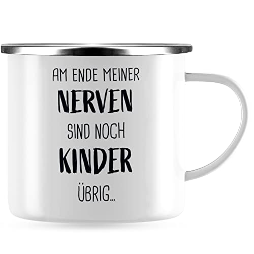 JUNIWORDS Emaille-Tasse, Am Ende meiner Nerven sind noch Kinder übrig, Silberner Tassenrand (1008622) von JUNIWORDS