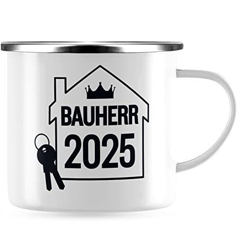 JUNIWORDS Emaille-Tasse, Bauherr 2025, Silberner Tassenrand (1008543) von JUNIWORDS