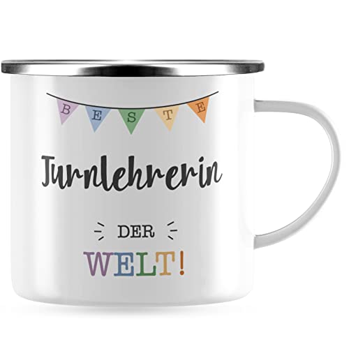 JUNIWORDS Emaille-Tasse, Beste Turnlehrerin der Welt, Silberner Tassenrand (5723183) von JUNIWORDS