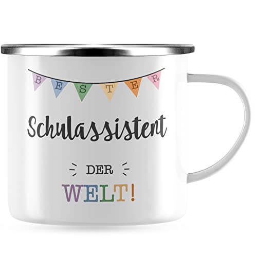 JUNIWORDS Emaille-Tasse, Bester Schulassistent der Welt, Silberner Tassenrand (5718625) von JUNIWORDS