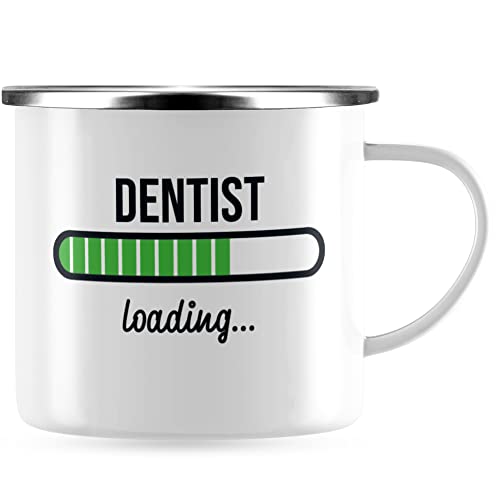 JUNIWORDS Emaille-Tasse, Dentist loading, Silberner Tassenrand (6191971) von JUNIWORDS