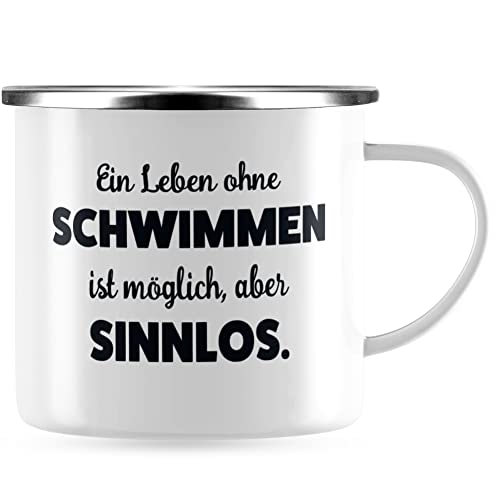 JUNIWORDS Emaille-Tasse, Ein Leben ohne Schwimmen ist möglich, aber sinnlos, Silberner Tassenrand (1009672) von JUNIWORDS