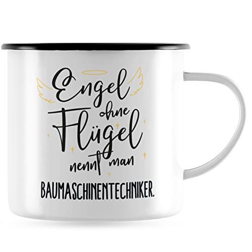 JUNIWORDS Emaille-Tasse, Engel ohne Flügel nennt man Baumaschinentechniker, Schwarzer Tassenrand (5155107) von JUNIWORDS