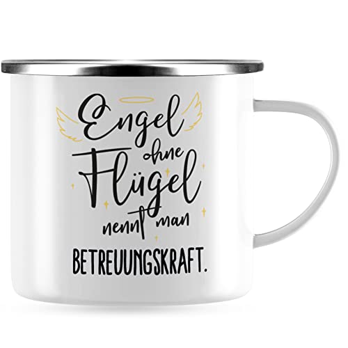 JUNIWORDS Emaille-Tasse, Engel ohne Flügel nennt man Betreuungskraft, Silberner Tassenrand (5155964) von JUNIWORDS