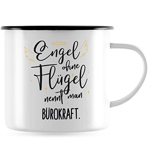 JUNIWORDS Emaille-Tasse, Engel ohne Flügel nennt man Bürokraft, Schwarzer Tassenrand (5157646) von JUNIWORDS