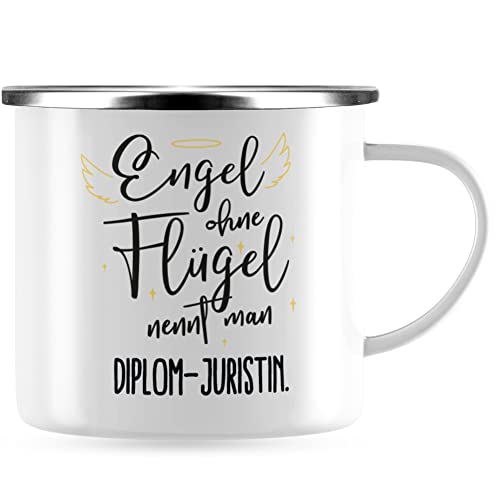 JUNIWORDS Emaille-Tasse, Engel ohne Flügel nennt man Diplom-Juristin, Silberner Tassenrand (5159102) von JUNIWORDS