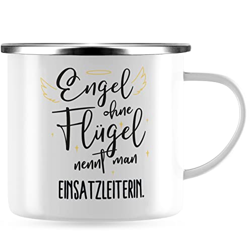 JUNIWORDS Emaille-Tasse, Engel ohne Flügel nennt man Einsatzleiterin, Silberner Tassenrand (5160019) von JUNIWORDS