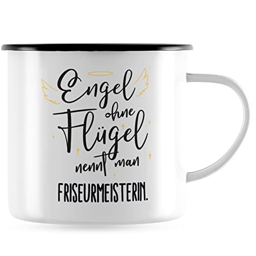 JUNIWORDS Emaille-Tasse, Engel ohne Flügel nennt man Friseurmeisterin, Schwarzer Tassenrand (5163781) von JUNIWORDS