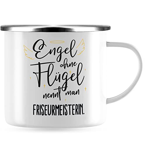 JUNIWORDS Emaille-Tasse, Engel ohne Flügel nennt man Friseurmeisterin, Silberner Tassenrand (5163781) von JUNIWORDS