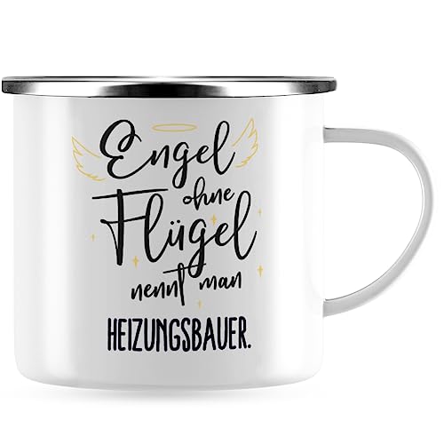 JUNIWORDS Emaille-Tasse, Engel ohne Flügel nennt man Heizungsbauer, Silberner Tassenrand (5166681) von JUNIWORDS