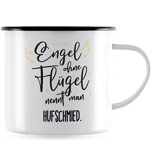 JUNIWORDS Emaille-Tasse, Engel ohne Flügel nennt man Hufschmied, Schwarzer Tassenrand (5167370) von JUNIWORDS