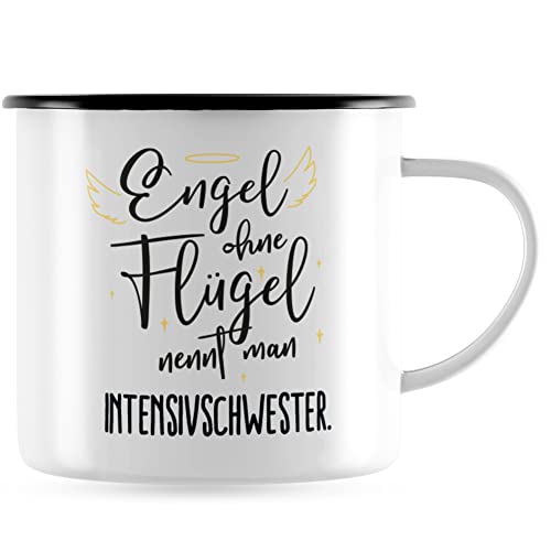 JUNIWORDS Emaille-Tasse, Engel ohne Flügel nennt man Intensivschwester, Schwarzer Tassenrand (5168119) von JUNIWORDS